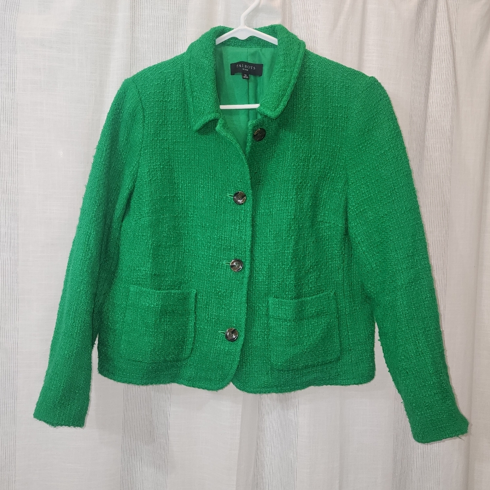 Talbots Vibrant Green Tweed Blazer Size 14 Petite